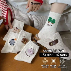Set 5 đôi tất cao cổ nữ họa tiết cây thú GOMTAT, vớ chân phong cách Hàn Quốc cute, chất cotton mềm mịn – JIN-2518-CB5