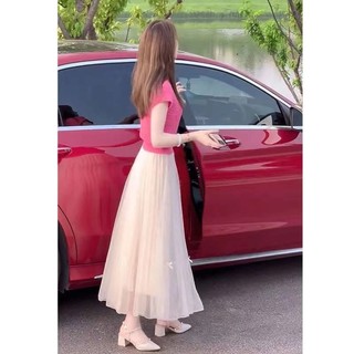 Váy lưới hồng đỏ vai trần phong cách phương Tây, phù hợp mùa hè