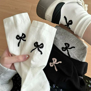2 Đôi Tất Cotton Thêu Nơ Y2K - Tất Ống Giữa - Tất Bắp Chân Học Sinh Phong Cách Miumiu - Tất Dài Cho Bé Gái Mùa Hè - Ngọt Ngào, Hàn Quốc - Mềm Mại, Mỏng, Thoáng Khí