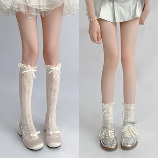 Phong Cách Nhật Bản Ngọt Ngào Bé Gái Dài Tất JK Gothic Nơ Xù Đầu Gối Tất Nữ Rỗng Ra Lưới Fishnet Vớ