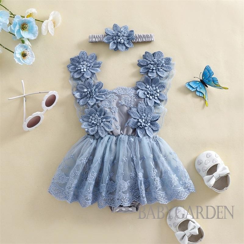 Baga-bộ trang phục mùa hè cho bé gái / Váy liền quần lưới thêu hoa + Băng đô nơ Quần áo sơ sinh