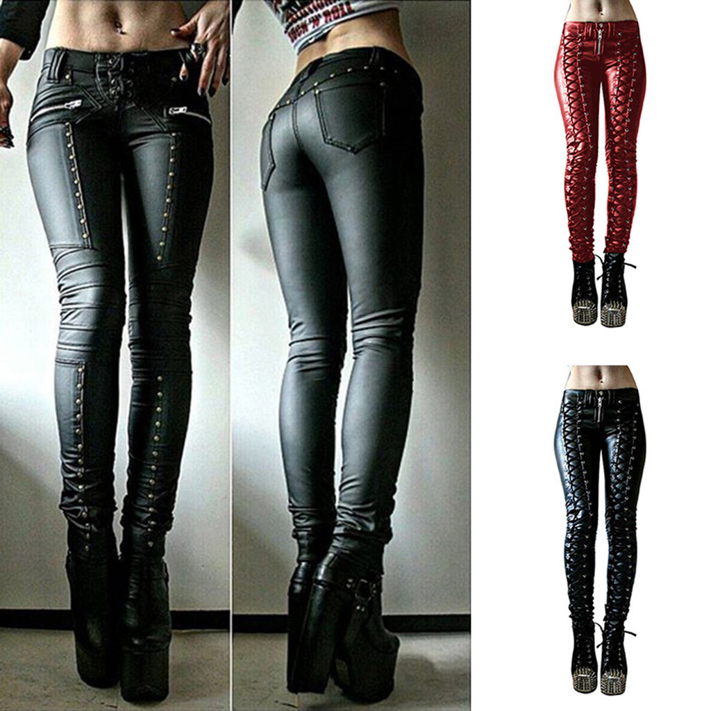 Codstore _ livecity Steampunk Nữ Giả Da Cosplay Quần Carnival Đảng Skinny Nút Quần