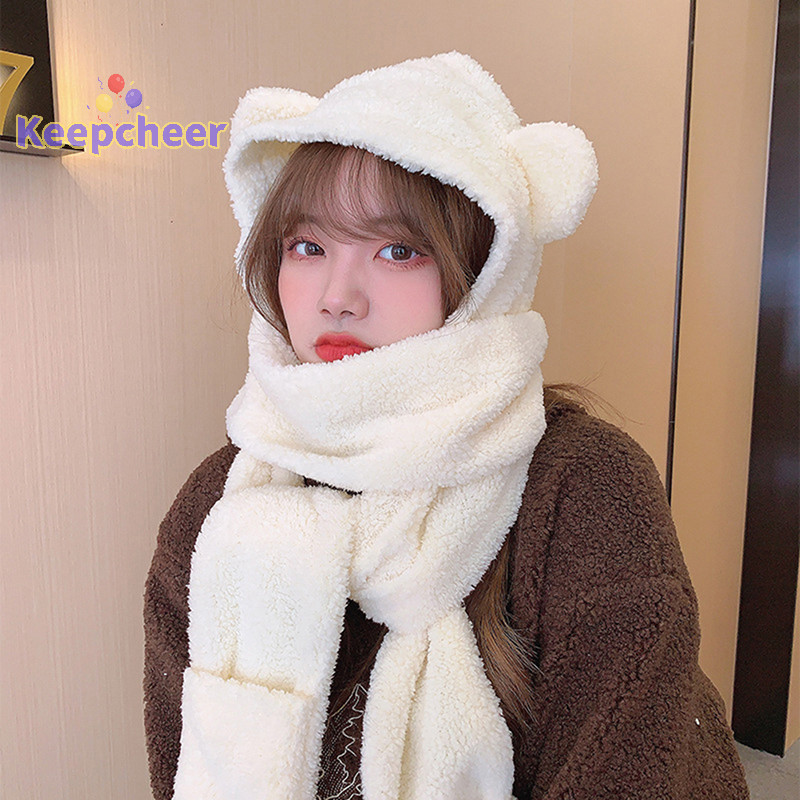[Keepcheer] 1 Khăn quàng cổ hình gấu dễ thương Găng tay bảo vệ ấm áp mùa đông 3 trong 1 Khăn quàng cổ nữ chống gió sang trọng [Mới]