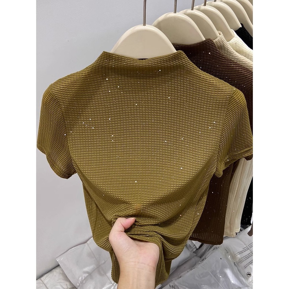 Milyfashion Size Lớn Ôm Hơn Nhìn Nửa Cổ Cao Tay Ngắn Sequined Áo Thun Mùa Hè Phong Cách Mới Phù Hợp Với Da Hàng Đầu