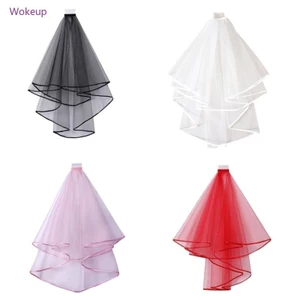 Double Mesh Tulle Ribbon Edge Women Short Wedding Veil with Comb Bride Headpiece
