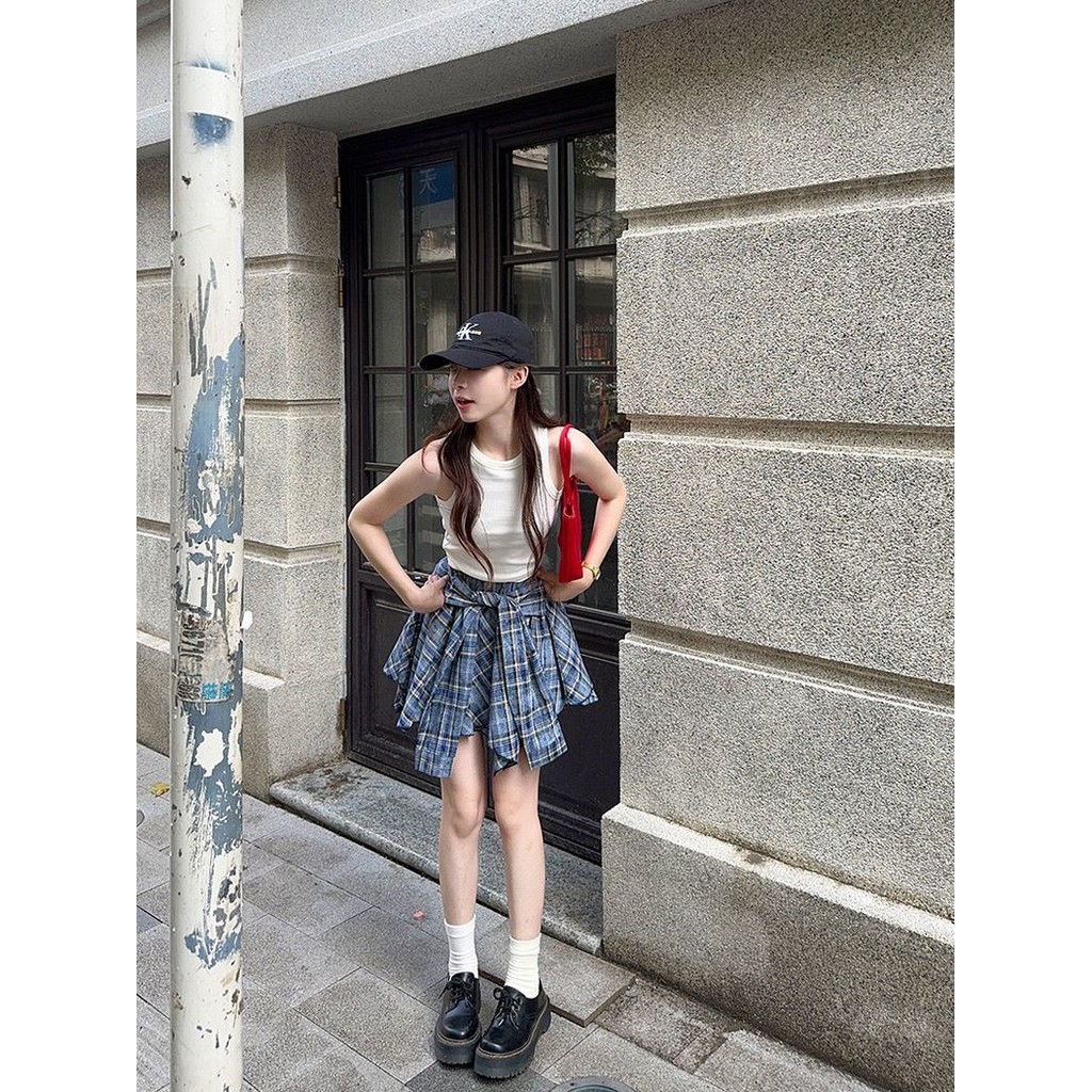Milyfashion  Irregular Contrast Color Lace-up Design Skirt for Women Summer2024New High Waist Fat Cover Slimming Versatile Short Skirt