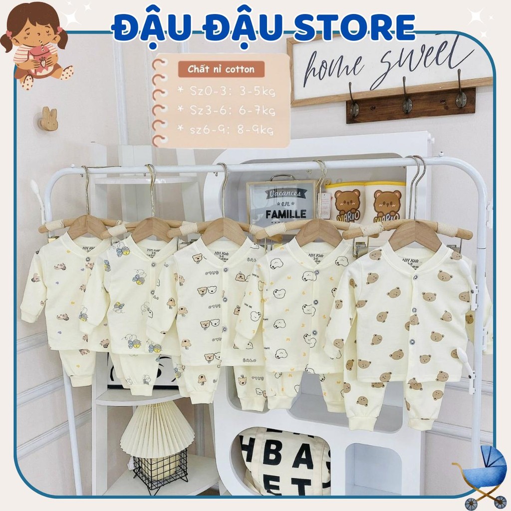 Set 5 Bộ Dài Tay Thu Đông Nỉ Cotton Cho Bé Sơ Sinh 3-9kg Cúc Giữa HH vải nỉ mềm mịn thoải mái NC001 Đậu Đậu Store