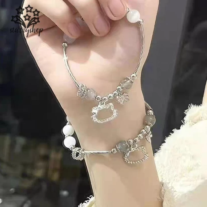 ☄️starryshop☄️Sanrio Hello Kitty Y2K Vòng Tay Thắt Nơ Anime Kawaii Giai Điệu Của Tôi Bạc Ánh Trăng Đá Nữ Cô Gái Trang Sức Phụ Kiện Quà Tặng