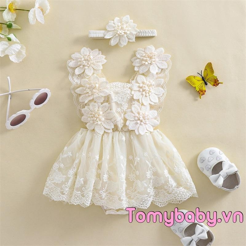 Bộ áo liền quần lưới thêu hoa cho bé gái + Bộ 2 món