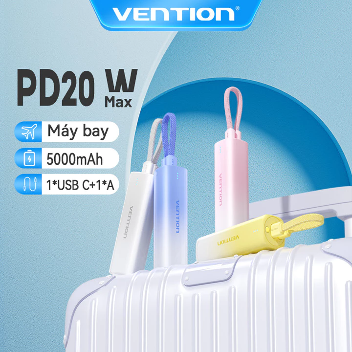 Sạc dự phòng Vention 5000mAh Power Bank có sạc nhanh 20W USB-C / Lightning - Pin sạc dự phòng cho điện thoại / Pad / Watch Super mini LED Display cho Ip 16-Hàng Chính Hãng