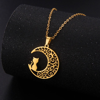 Vòng cổ bằng thép không gỉ SKYRIM Mèo con xem mặt trăng Mặt dây chuyền Trang sức thời trang nữ