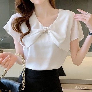 Mùa Hè 2025 Hàng Mới Về Nữ Áo Voan Tay Ngắn Có Nơ Chi Tiết Giảm Béo Và Mỏng Phong Cách Top