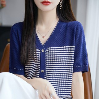 Mùa Hè 2025 Phong Cách Mới Dệt Kim Cardigan Mỏng Ngắn Tay Áo Thun Chui Đầu Bên Ngoài Mặc Bao Thịt Đơn Giản