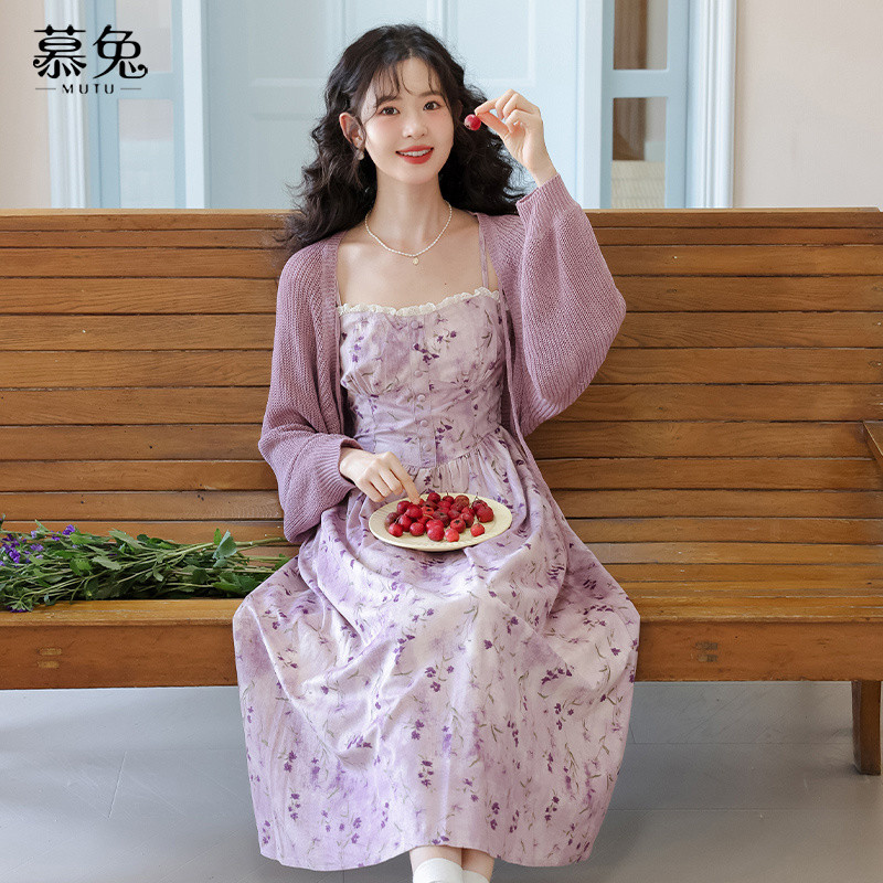 Mutu Pháp Retro Hoa Đầm Nữ Mùa Xuân 2026 Phong Cách Mới Dệt Kim Cardigan Áo Khoác Sling Váy Hai Mảnh Phù Hợp Với