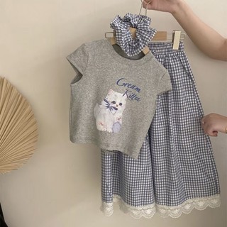 Bộ Đồ Bé Gái Bộ Đồ Bé Gái Phong Cách Mới Trẻ Em Quần Áo Mùa Hè Bé Gái In Hình Tay Ngắn Kẻ Sọc Quần Ống Rộng Bộ Đồ Hai Mảnh