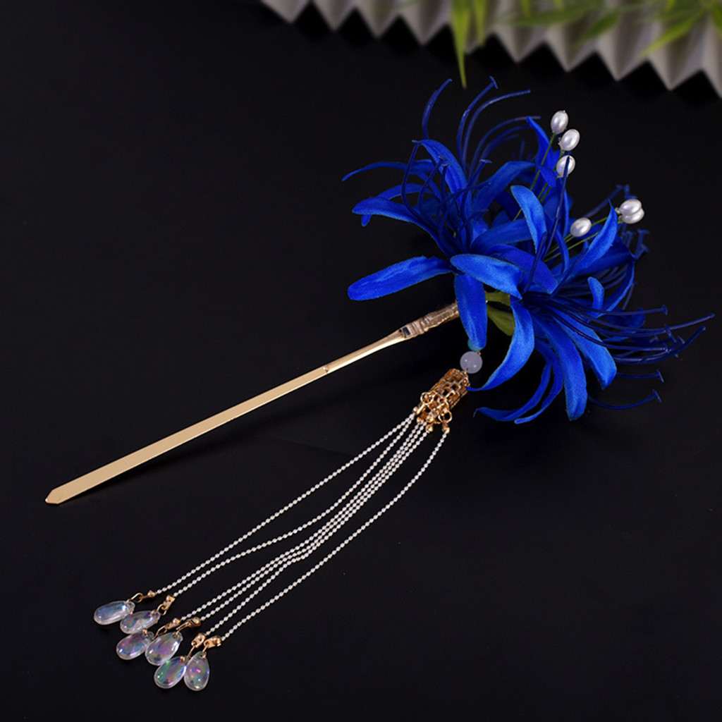 Phụ Nữ Màu Xanh Manjusaka Tóc Handmade Vintage Tua Rua Cặp Tóc Cho Phù Dâu Tiệc Cưới