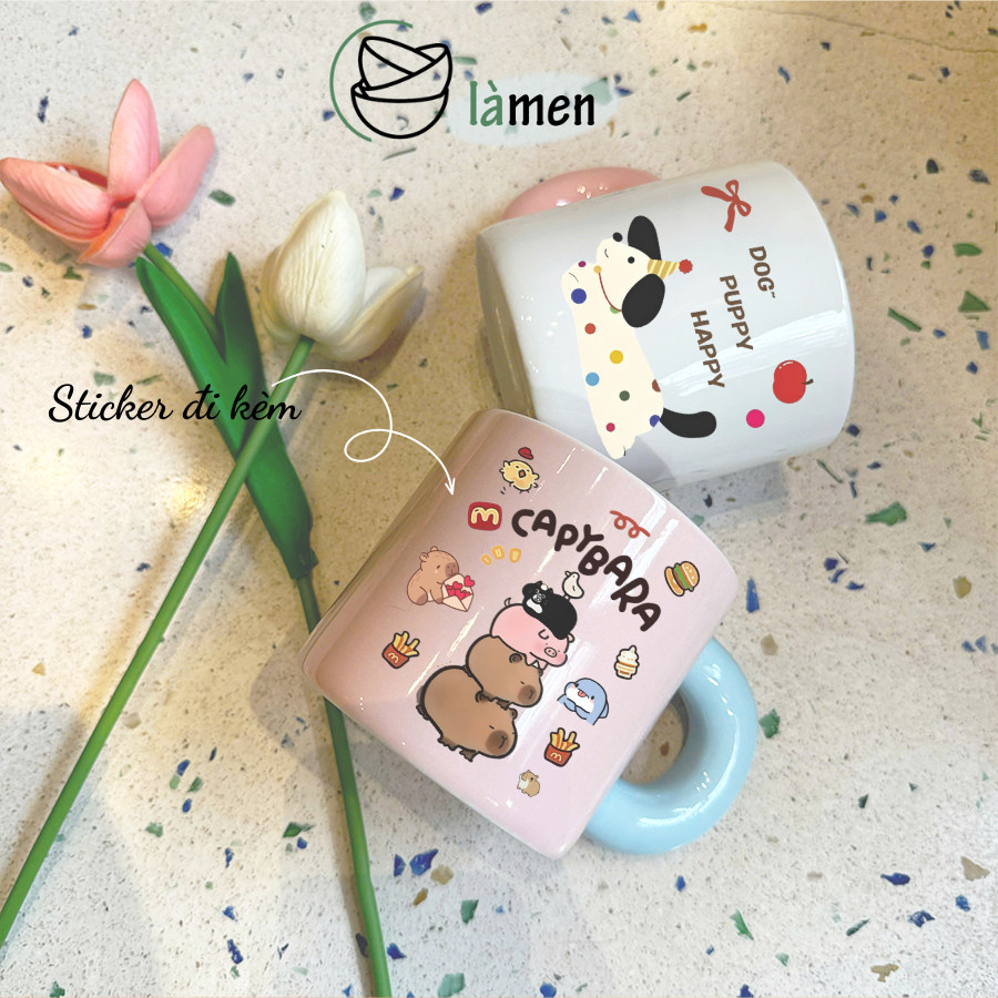 [Ngẫu Nhiên] Cốc Sứ Có Quai Kèm Sticker ,Ly Sứ Dày Dặn, Uống Nước, Uống Sữa, Cafe Siu Xinh CSU018