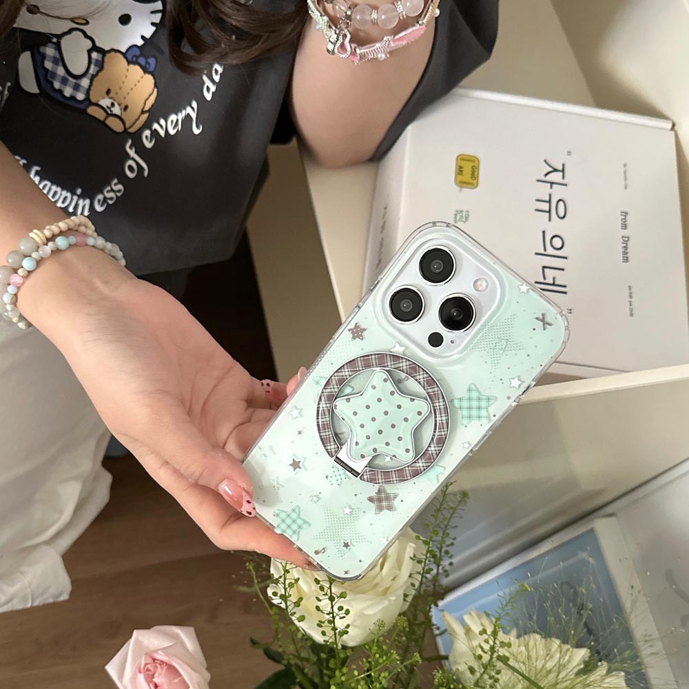 Ốp lưng cứng Tương thích với iPhone 13 13Pro 13ProMax 14 14Pro 14ProMax 15 15Pro 15ProMax 16 16Pro 16ProMax 17 17Pro 17ProMax Vỏ nam châm họa tiết ngôi sao màu xanh lá cây màu nâu bạc hà