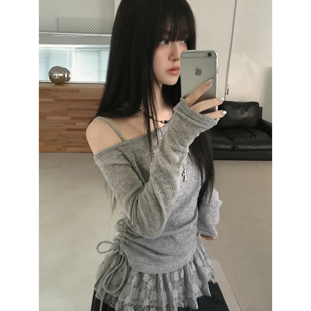 Bộ đồ hai mảnh ren xếp li Milyfashion Bowknot + Sling Pure Desire Long @ -