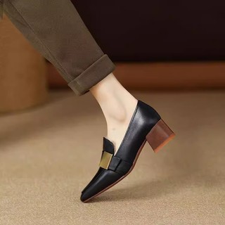 Loafers Size Lớn Nữ Mũi Vuông 2025 Loafer Nữ Retro Sang Trọng Da Mềm Thoải Mái Dày Gót Phong Cách Anh Quốc Giày Da Nhỏ