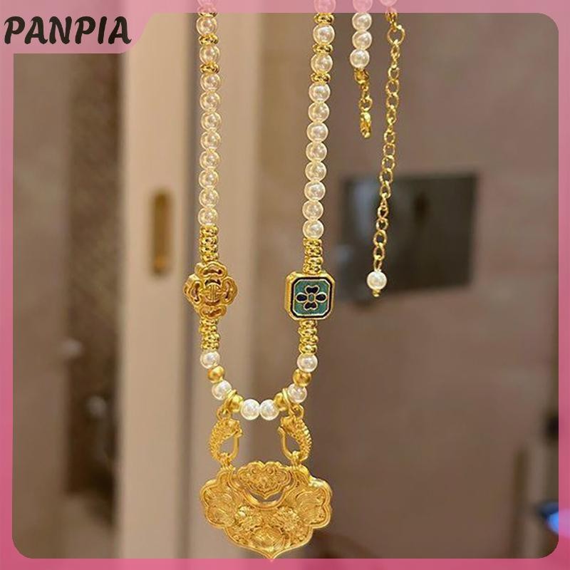 PANPIA-Ethnic Phong Cách Rỗng Khắc Túi May Mắn Mặt Dây Chuyền Xanh Giả Ngọc Handmade Đính Hạt Vòng Cổ Dài