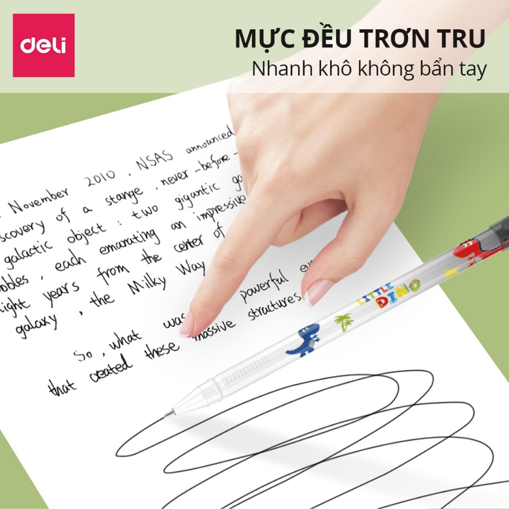 [QUÀ TẶNG] HỘP 12 Bút bi nước học sinh mực gel xanh đen 0.5mm Deli họa tiết khủng long nhanh khô