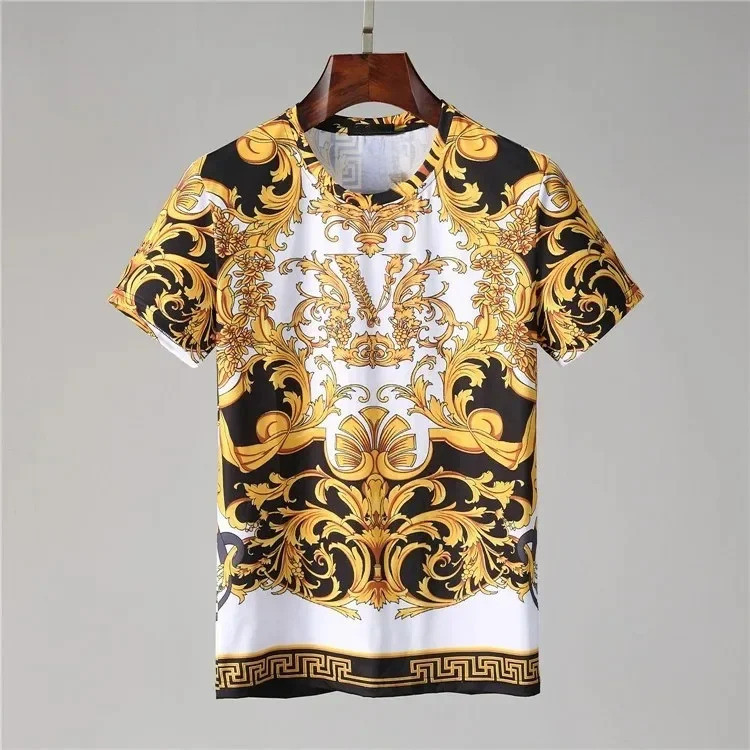 Áo thun nam in hoa 3D Baroque thời trang mới mùa hè, hoa vàng thương hiệu cổ điển