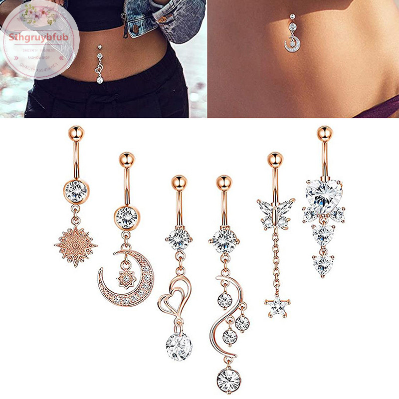 Sthb 14G Crystal Navel Ring Barbell Drop Dangle Body Bụng Nút Nhẫn VN