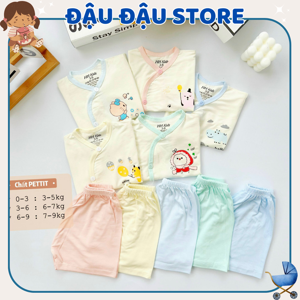 Set 2/3/5 bộ thun lạnh cộc tay cho bé sơ sinh 3-9kg chất vải thun lạnh màu mềm mịn mát  HH-CL09 Đậu Đậu Store