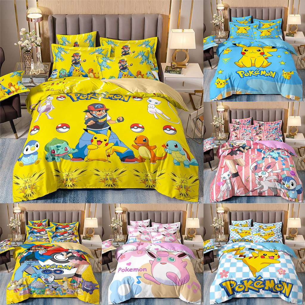PS1 Pokemon Pikachu 3IN1 Ga trải giường Vỏ chăn gối Bộ chăn ga gối chất lượng cao cấp Bộ đồ giường có thể giặt được tại nhà Bộ đồ phòng ngủ SP1