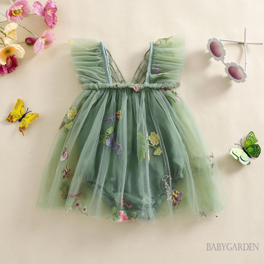 Baga- [Váy liền quần bé gái 1-18 tháng tuổi] -Bộ áo liền quần cổ vuông thêu hoa bướm không tay cổ vuông đáng yêu cho trẻ sơ sinh