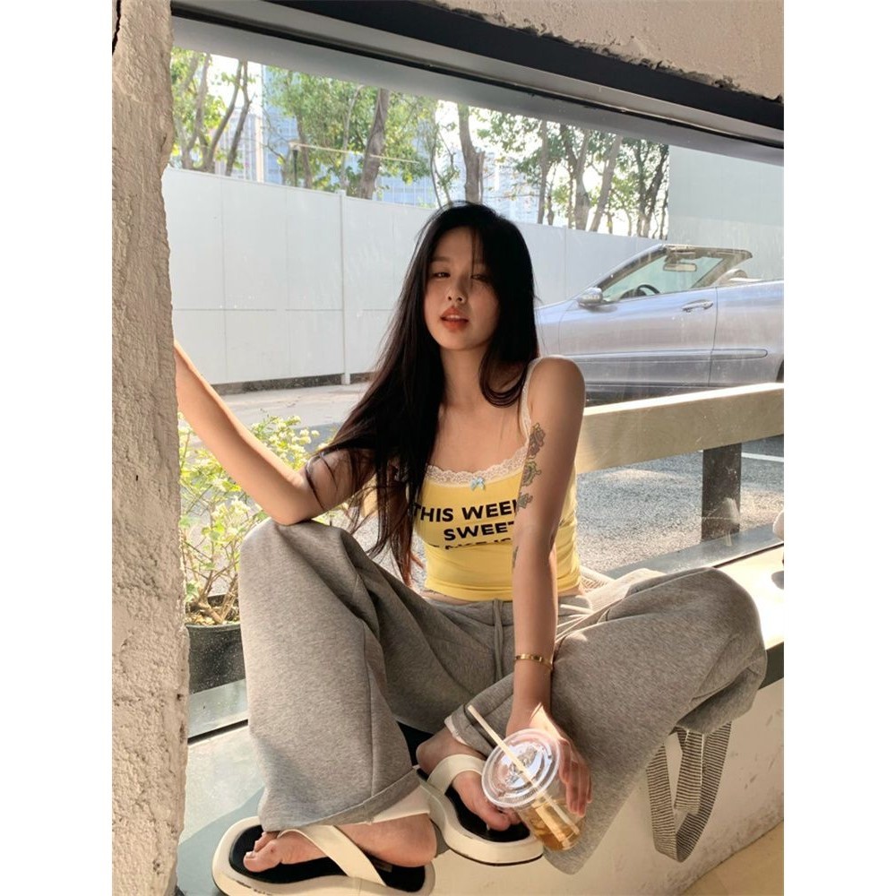 Milyfashion Ba Lê Phong Cách Ren Khâu Màu Vàng In Chữ Cam Nhỏ Slim-fit Áo Ngắn
