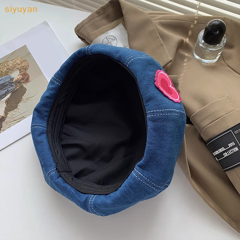 Siyuyan Thường Ngày Màu Hồng Tình Yêu Denim Mũ Nồi Nữ Xuân Hè Thể Hiện Mặt Đa Năng Retro Họa Sĩ Mũ Nồi Nhật Bản Mũ Newsboy Mũ VN