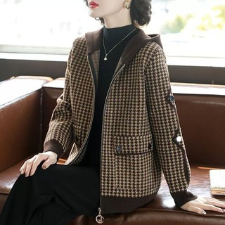 Hàn Quốc Houndstooth Áo Khoác Nữ Thu Đông Phong Cách Mới Mẹ Thời Trang Thường Ngày Có Mũ Trùm Đầu Giảm Tuổi Top Xuân Thu Có Mũ Trùm Đầu