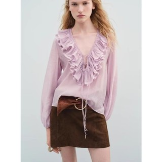 ZA Loose V-neck Solid-color Long-sleeved Shirt 8544207