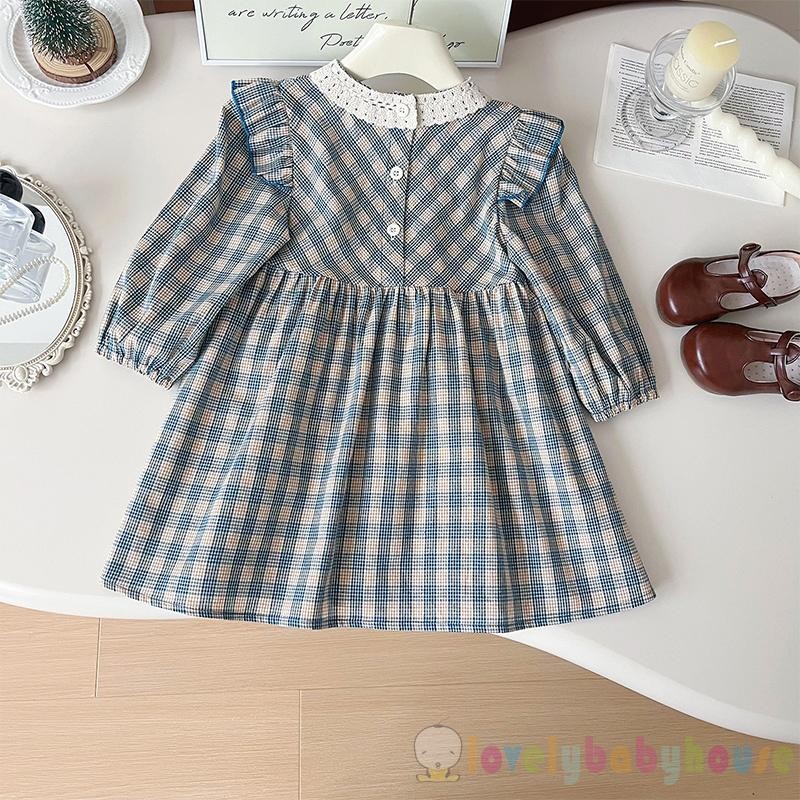 Lbh-đầm Kẻ Sọc Bé Gái Ruffle Viền Cổ Tròn Dài Tay Chữ A Đầm Công Chúa Cho Mùa Thu Xuân