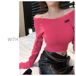 Milyfashion Hồng Kông Hương Vị Cao Cấp Crop Ngắn Tay Dài Dệt Kim Không Đều Rách Tua Rua Ngắn Top Bé tee