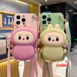 Vỏ Ví Đựng Tiền Xu Labubububu Cho iPhone 16 15 14 Plus 13 12 Mini 11 Pro Max 8 7 Plus 6s 6 5 5s X XR XS Max SE 2022 2020 2016 Vỏ Điện Thoại Dễ Thương Có Dây Buộc Hoạt Hình Mềm Mại Chống Rơi Bao da