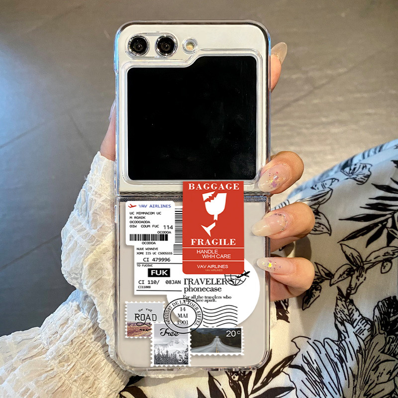Retro Nhãn Họa Tiết Trong Suốt Vỏ Điện Thoại Cho Samsung Galaxy Z Flip 6 Flip 5 Flip 4 Flip 3 5G Cứng PC Gấp Dành Cho Samsung Z Flip 6 5 4 3