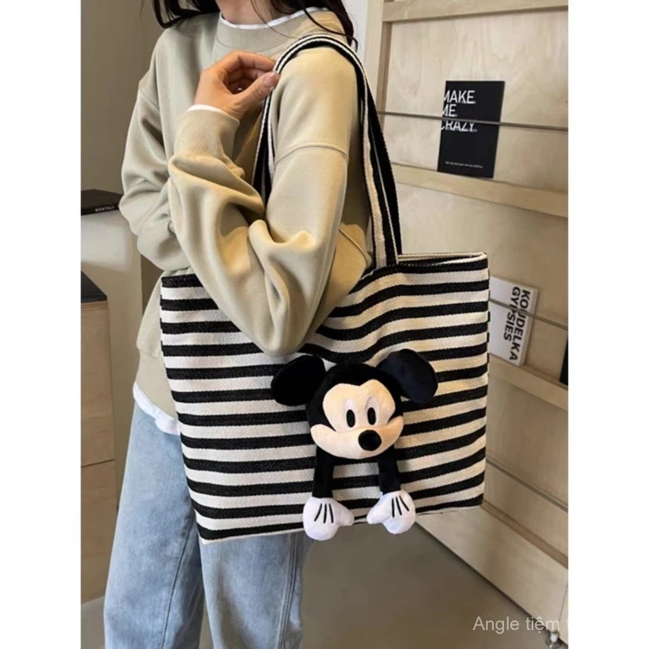 Túi Tote sọc dung tích lớn Túi 2024 nữ túi Tote Mickey hoạt hình dễ thương thời trang mẫu mới Túi Vải Bố đựng sách/Túi tote sọc lớn cho phụ nữ, phiên bản mới nă – 3