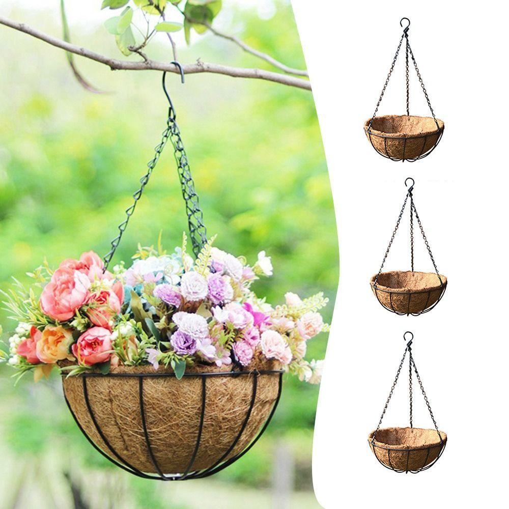 Chậu trồng cây JVSUB, Nửa tròn với giỏ treo cây lót dừa bằng sắt sáng tạo Chậu hoa treo thoáng khí Trang trí sân vườn