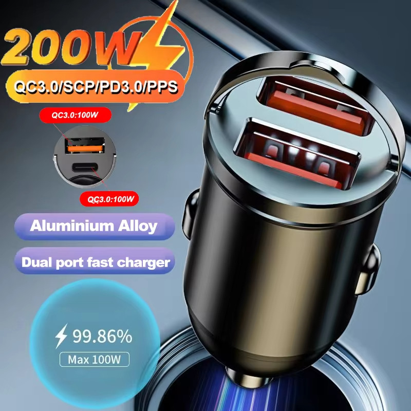 Bộ sạc xe hơi Mini Type-C Universal 200W Sạc nhanh QC3.0 QC4.0 Bộ sạc USB kép cho điện thoại di động