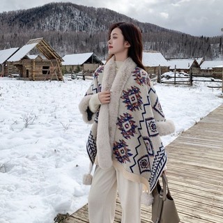 Khăn choàng Tây Tạng Tân Cương, áo choàng mùa thu đông dày, viền thô bóng, giữ ấm, du lịch Thanh Hải