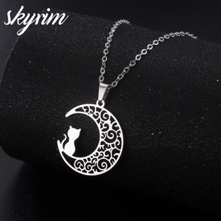 Vòng cổ bằng thép không gỉ SKYRIM Mèo con xem mặt trăng Mặt dây chuyền Trang sức thời trang nữ