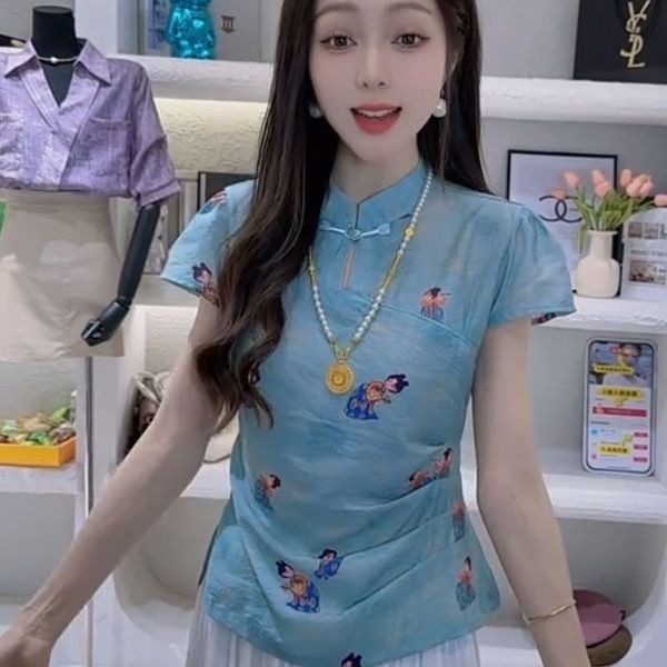 Mùa Hè 2025 Mới Phong Cách Trung Hoa Khóa Chảo Phong Cách Trung Hoa Đường Triều In Hình slim fit Áo Sơ Mi Tay Ngắn Cho Nữ