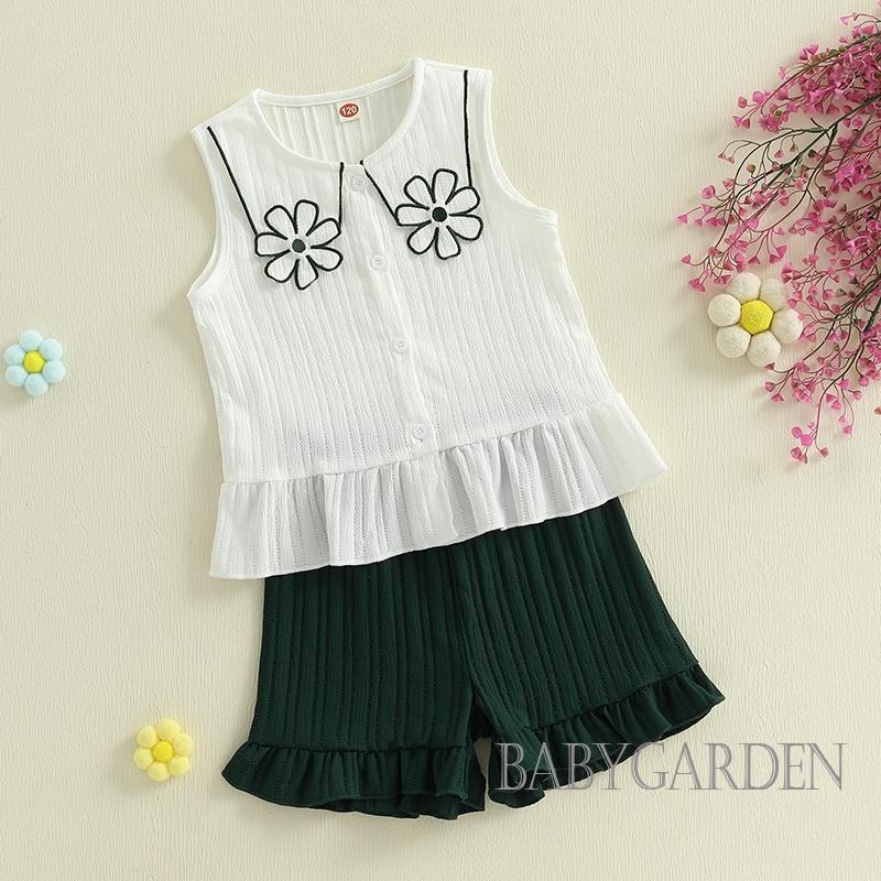 / / -6M-4Y Bé Gái Mùa Hè Bộ Màu Sắc Tương Phản Họa Tiết Hoa Cổ Tròn Áo Không Tay Và Quần Short Xù