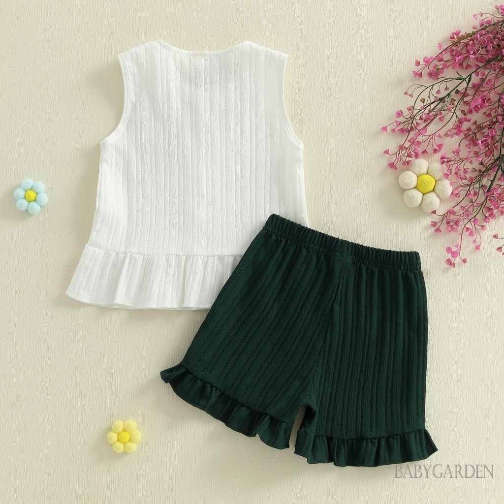 / / -6M-4Y Bé Gái Mùa Hè Bộ Màu Sắc Tương Phản Họa Tiết Hoa Cổ Tròn Áo Không Tay Và Quần Short Xù