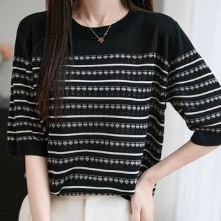 Sọc Dệt Kim Tay Ngắn Mùa Hè Nữ Phong Cách Mới Rỗng Rời Màn Hình Thiết Kế Đi Lại Đơn Giản Cổ Tròn Top 2025