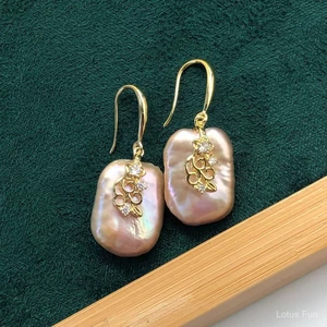 Bông tai hoa dát ngọc trai Baroque màu tím mạ bạc 18K vàng 925