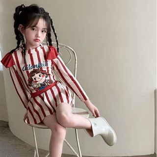 Đồ bơi cho bé gái tay dài sọc đỏ trắng - Bộ đồ bơi 3 món dễ thương chống nắng đi biển